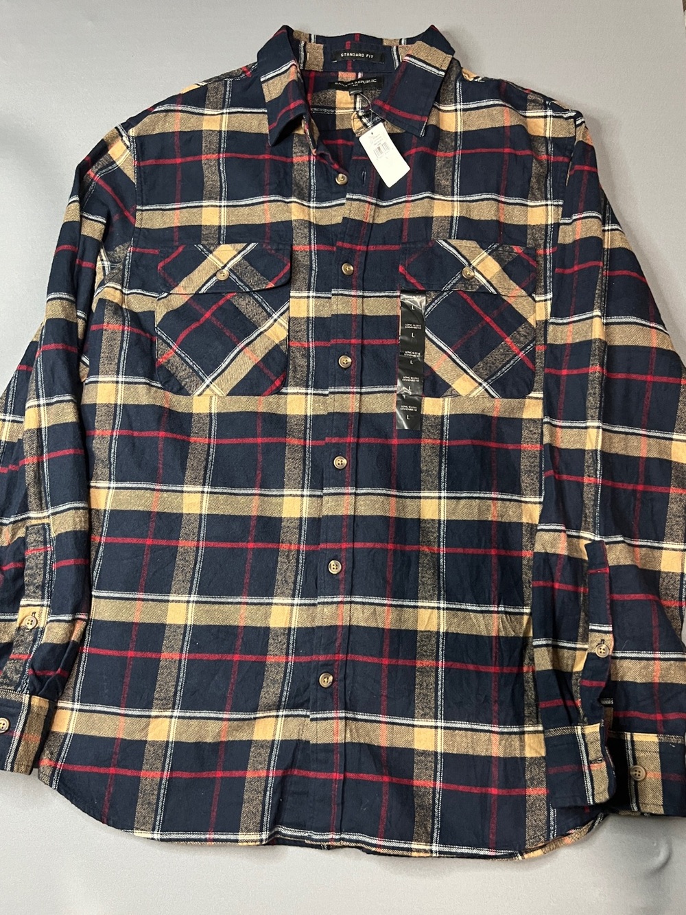 Banana Republic Navy Plaid Button-Down Shirt with Tan and Red Accents